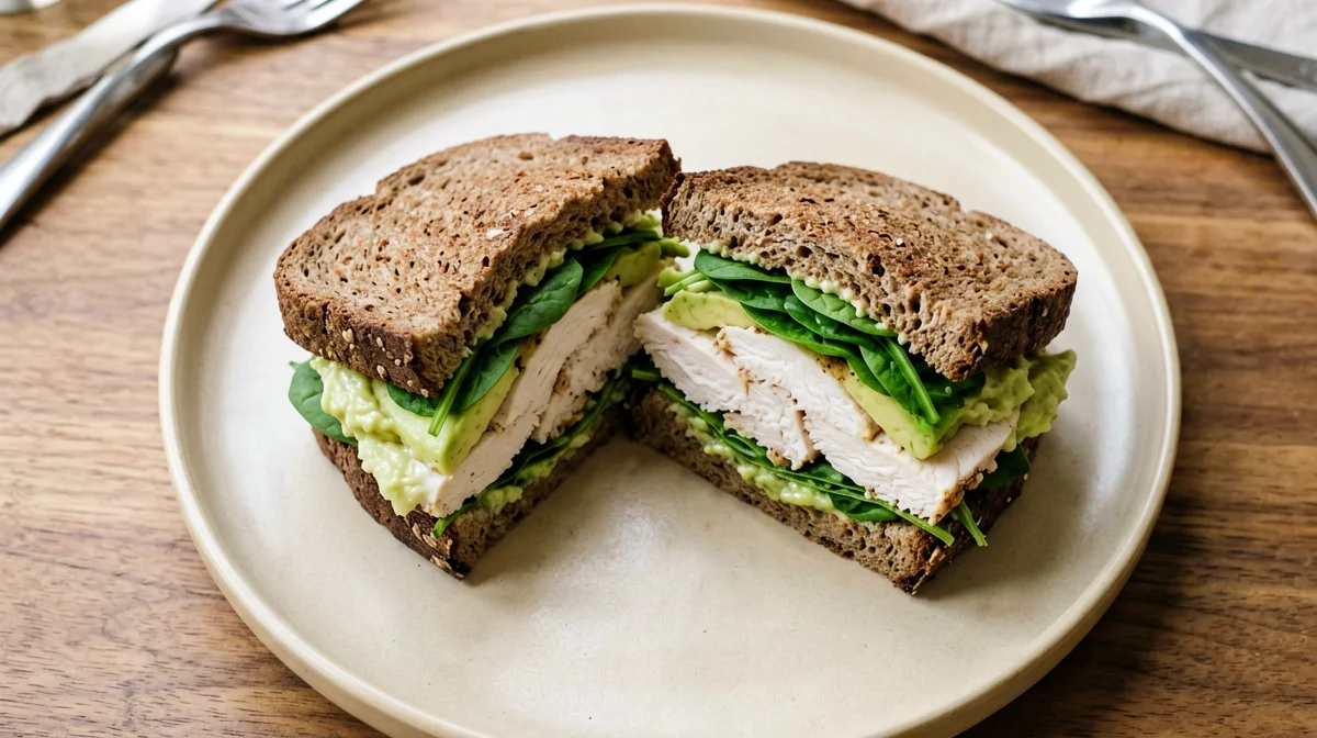 Sandwich di segale con pollo, avocado e spinacini