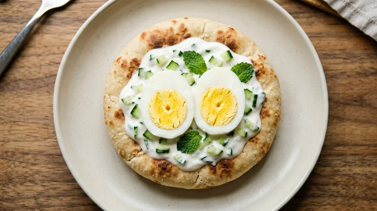 Pita with boiled eggs, yogurt and cucumber