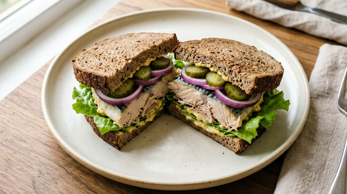 Panino di segale con sgombro, cipolla rossa e senape