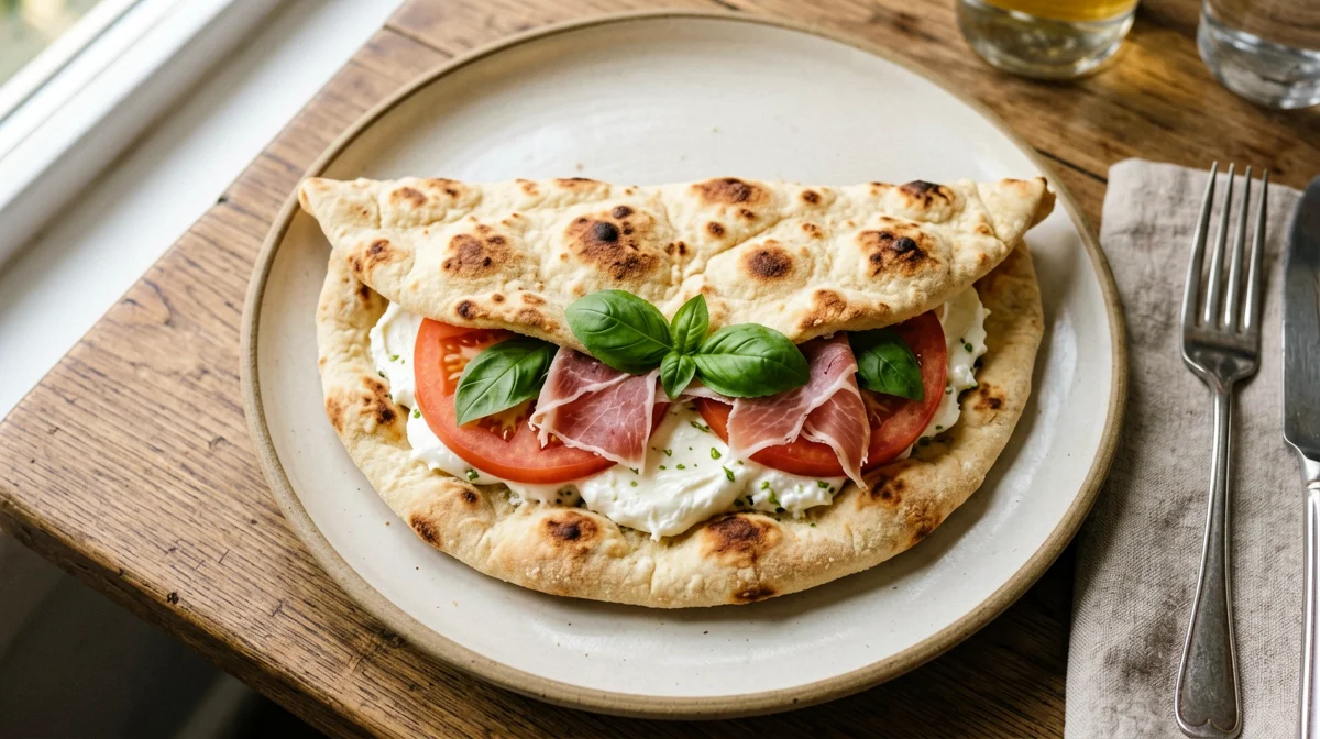 Piadina con prosciutto crudo, mozzarella e pomodoro