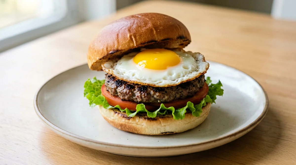 Veggie burger, egg and lettuce breakfast bun