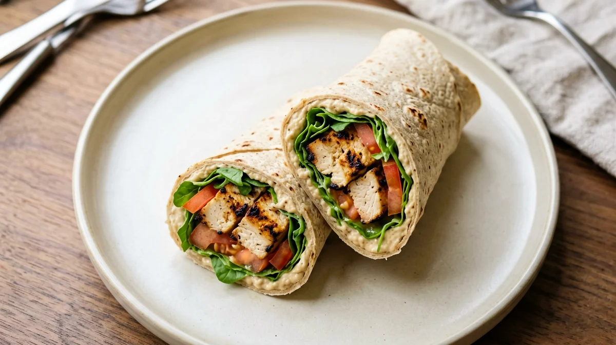 Vegan wrap with hummus, smoked tofu and rocket