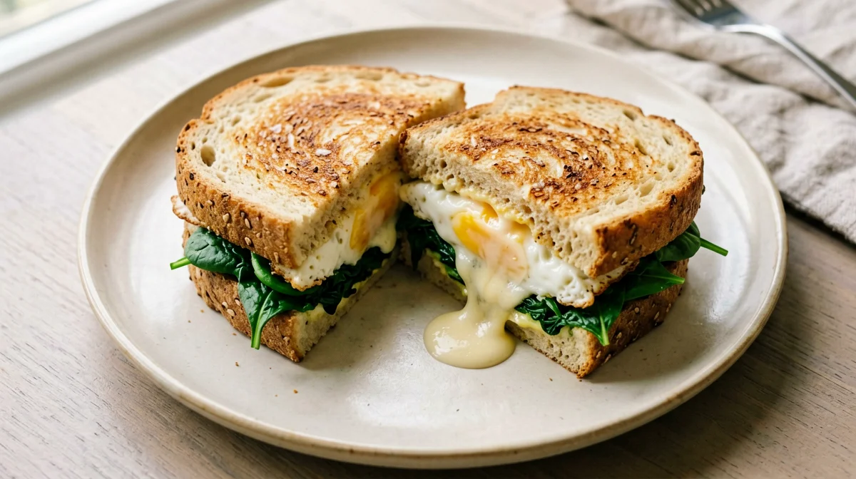 Hot sandwich with egg, spinach and scamorza