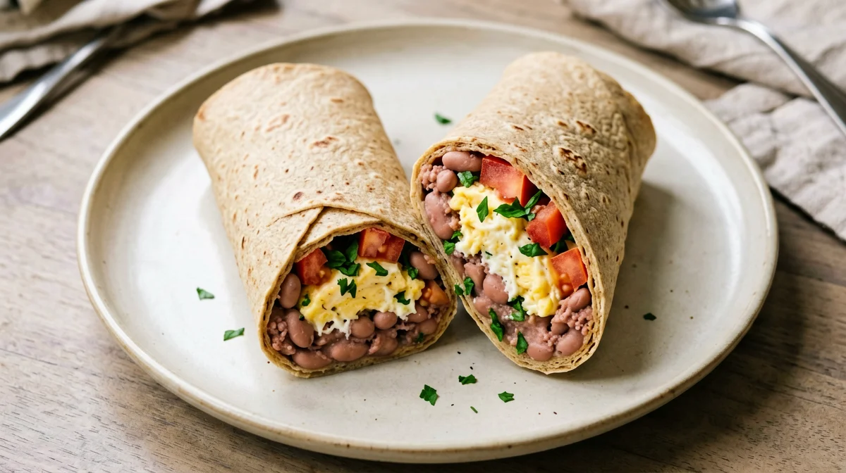 Wholewheat wrap with beans, egg and tomato