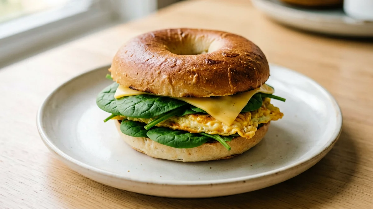 Bagel con uovo, formaggio e spinacini
