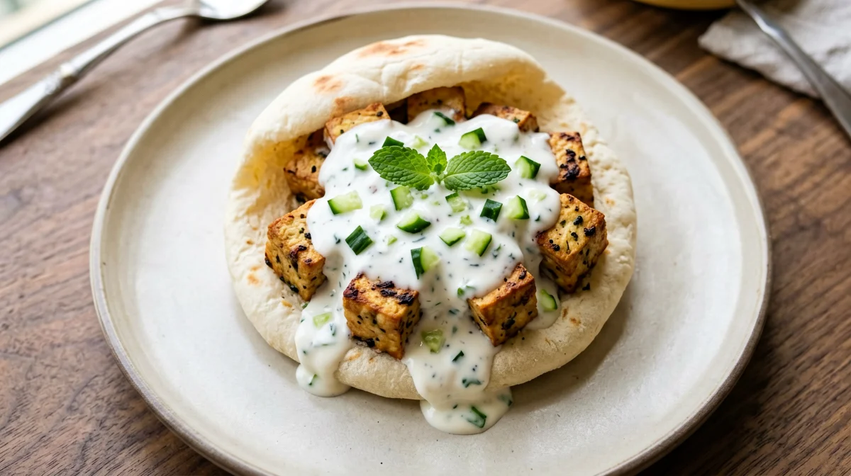 Pita con tofu, cetriolo e salsa allo yogurt di soia