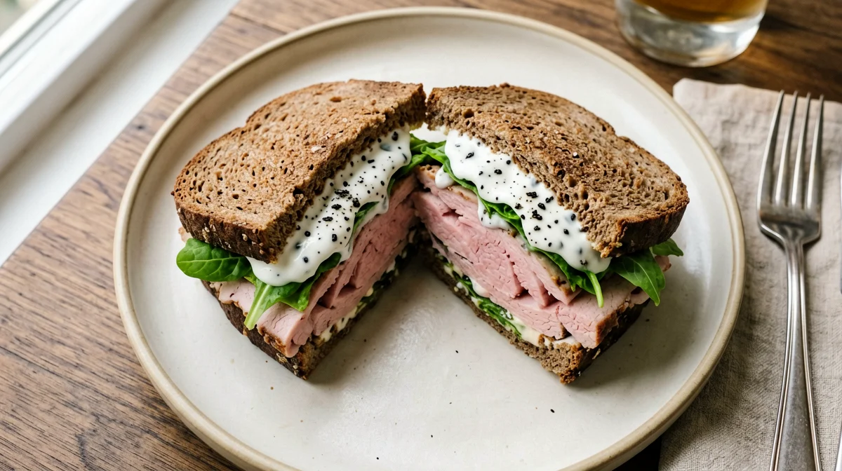 Rye sandwich with roast beef, horseradish and yogurt