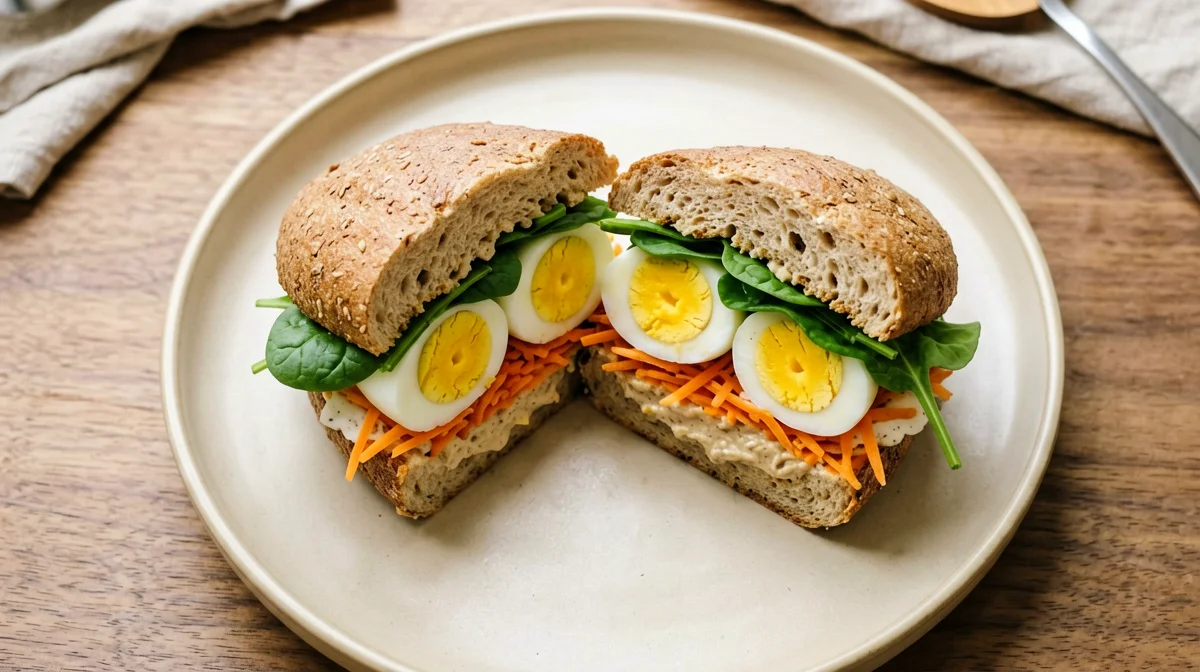 Panino integrale con hummus, uovo sodo e carote