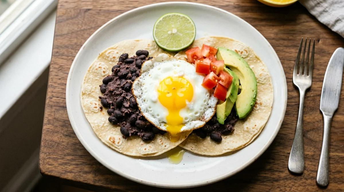 Tortilla di mais con uovo, fagioli neri e avocado