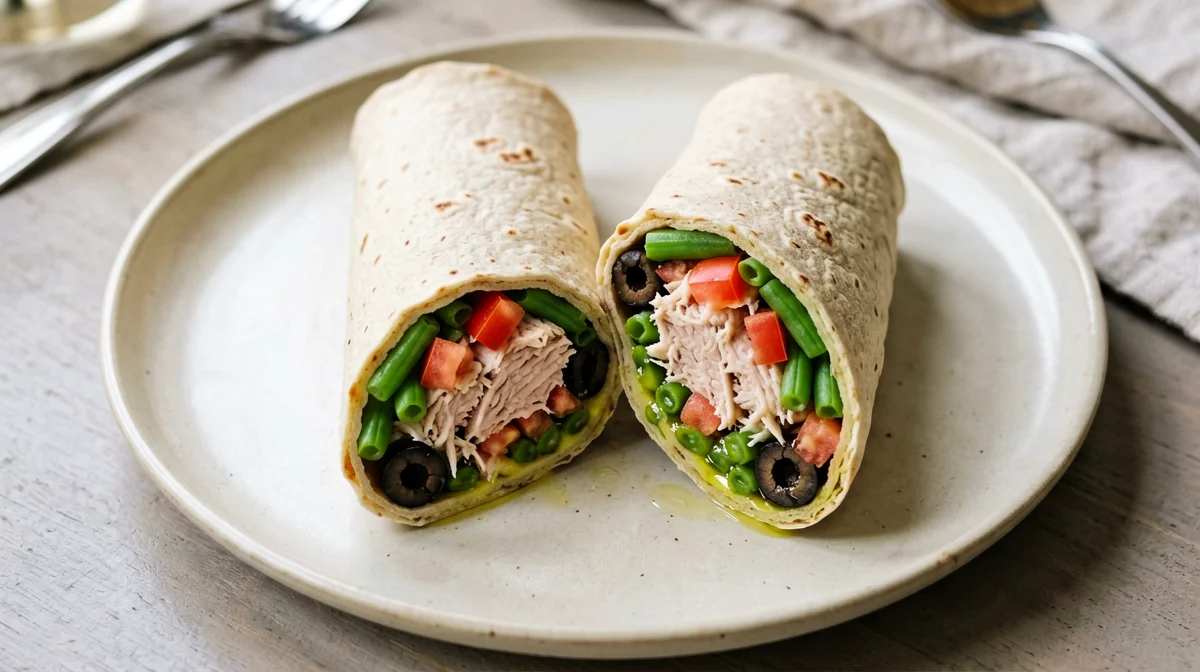 Wrap integrale con tonno, fagiolini e pomodoro