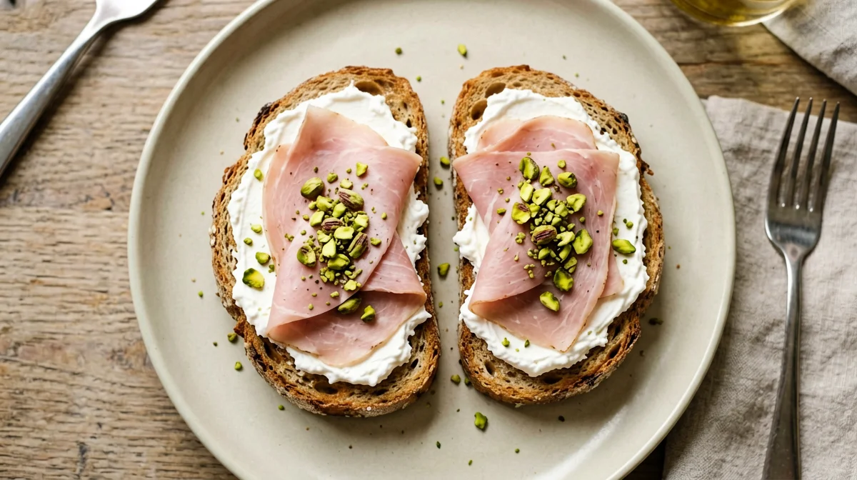 Toast integrale con mortadella, pistacchi e ricotta