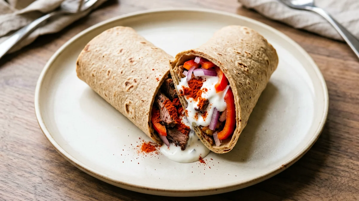 Wrap con seitan, peperoni e salsa di yogurt di soia