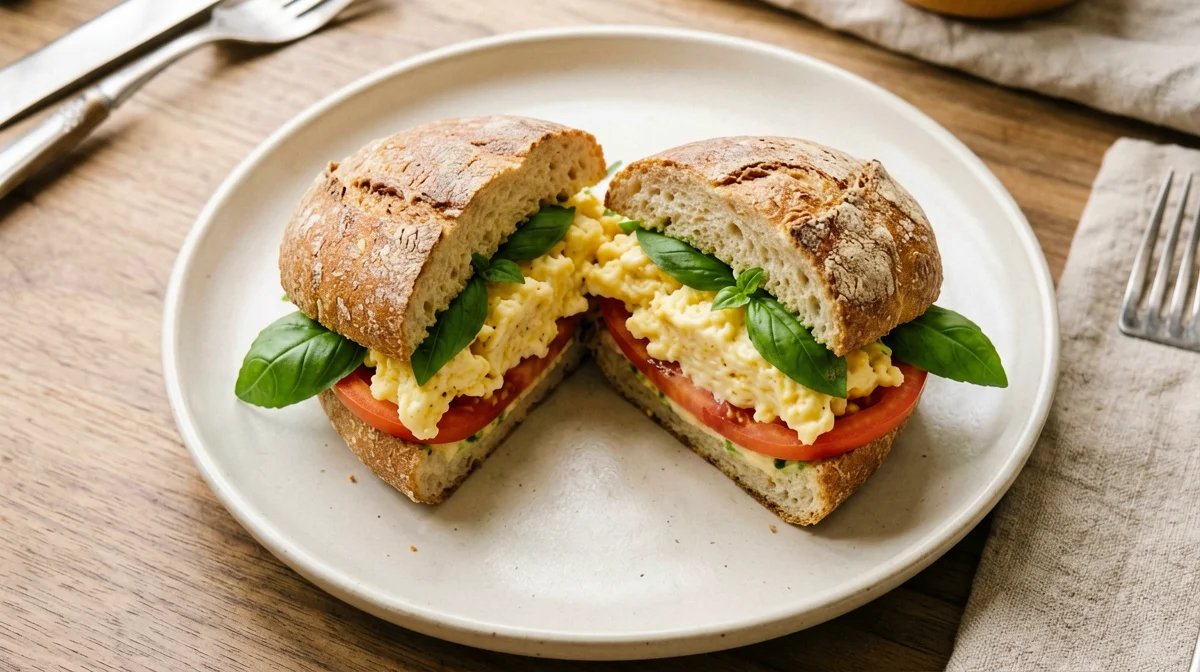 Panino con uova strapazzate, pomodoro e basilico