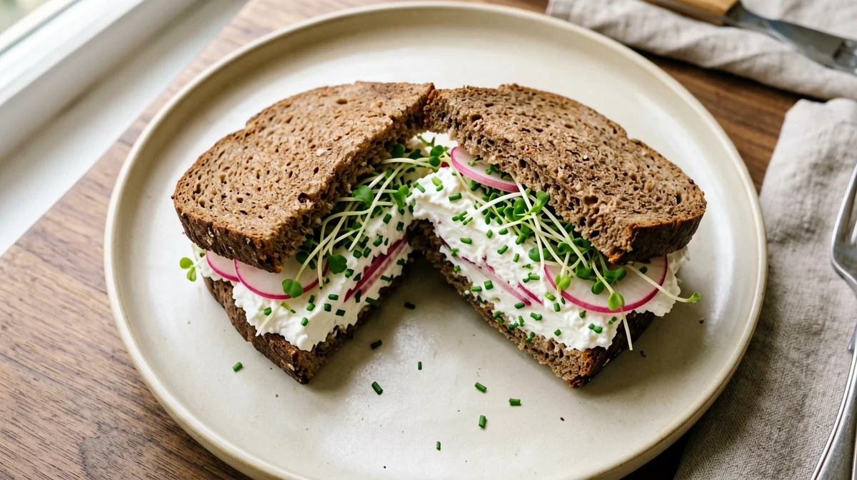 Rye sandwich with cottage cheese, radishes and sprouts