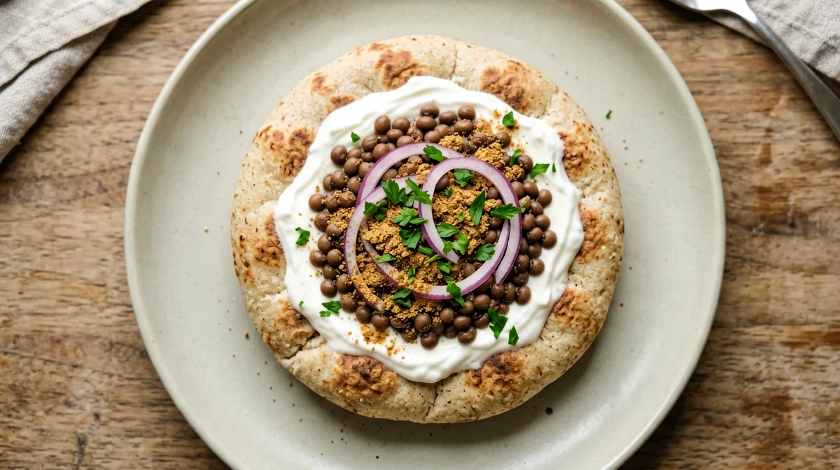 Pita integrale con lenticchie, yogurt e cipolla rossa
