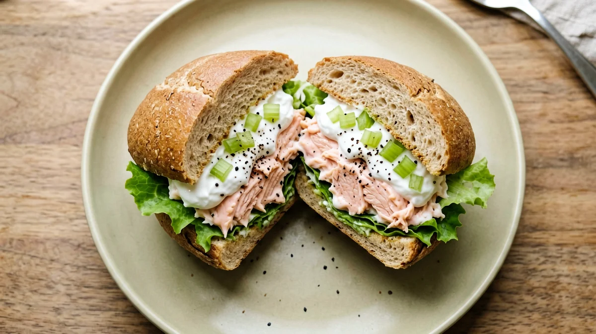 Sandwich with tinned salmon, yogurt and celery