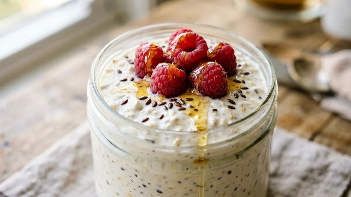 High-protein skyr overnight oats with raspberries
