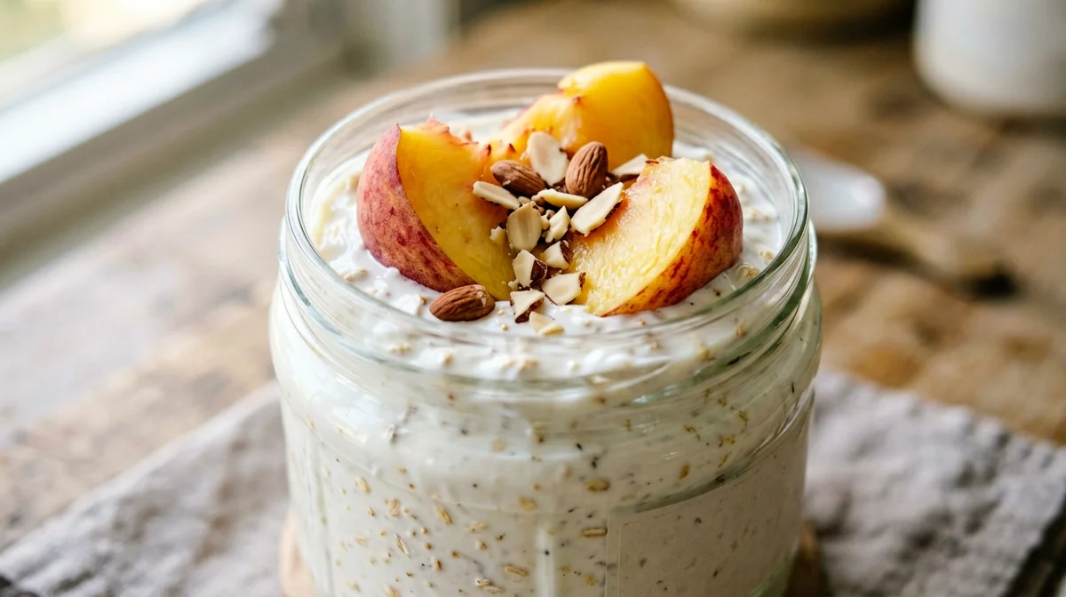 Overnight oats alla vaniglia con pesca e yogurt greco
