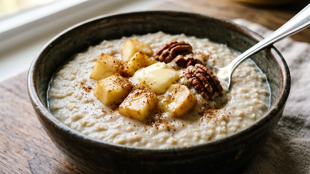 Irish porridge with stewed apple and pecans