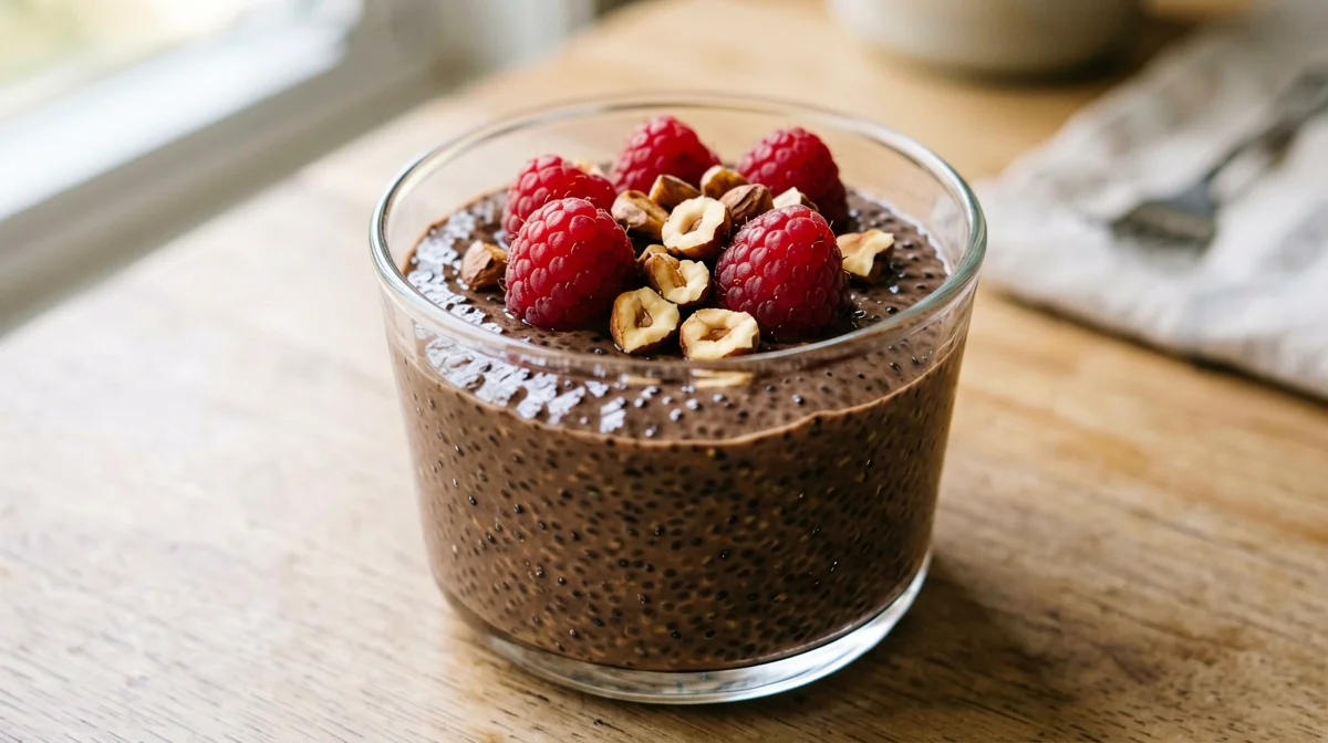 Chia pudding al cacao con lamponi e nocciole