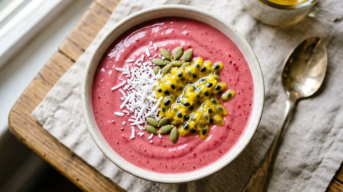 Pitaya-style bowl rosa con lamponi e frutto della passione