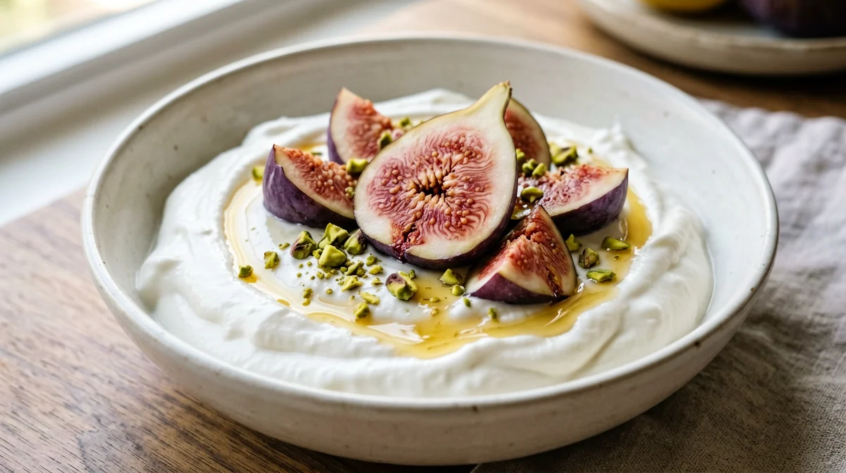 Labneh dolce con fichi, miele e pistacchi