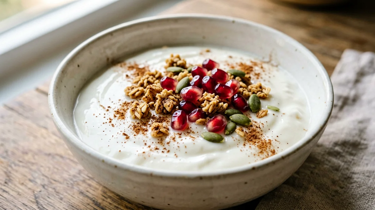 Bowl di yogurt di soia con granola, melagrana e semi