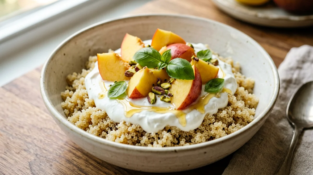 Bowl di quinoa fredda con yogurt, pesche e basilico