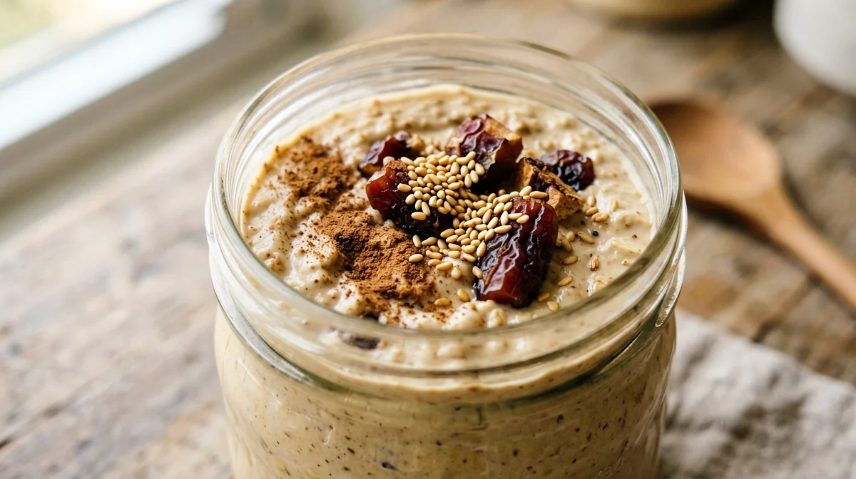Overnight oats al tahini con datteri e sesamo