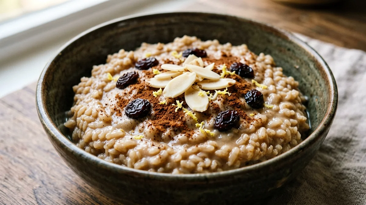 Porridge di riso integrale al latte con cannella e uvetta