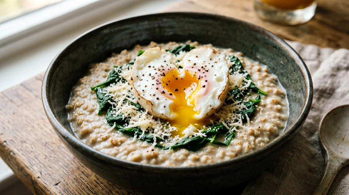 Savoury oats with egg, spinach and Parmesan