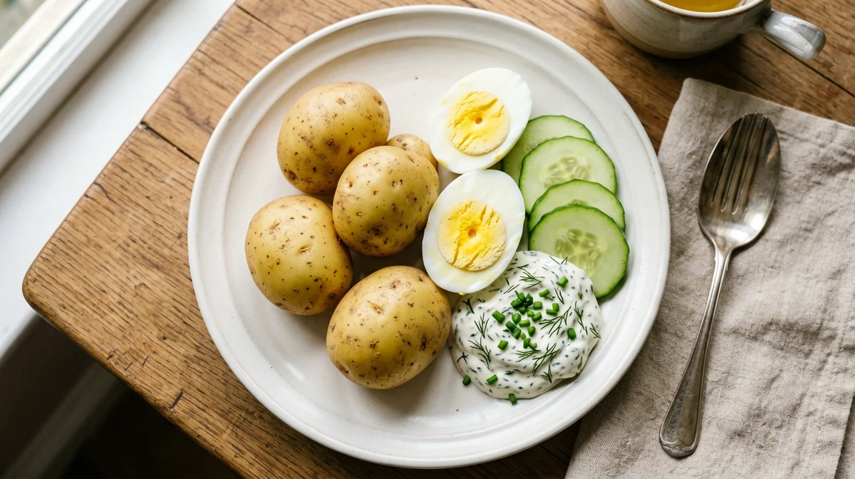 Uova sode con patate novelle e skyr all'aneto alla svedese