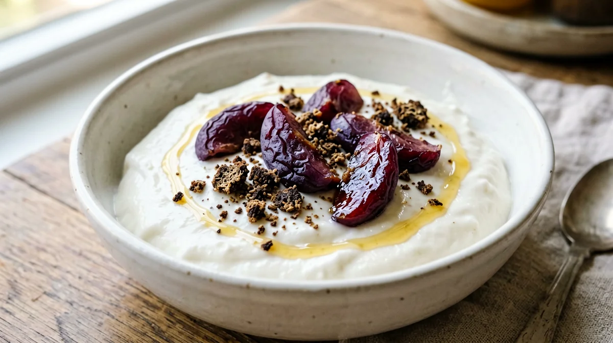 Skyr with cardamom-stewed plums and toasted rye
