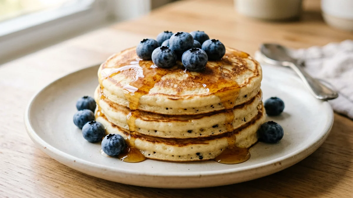 Pancake americani integrali con mirtilli e sciroppo d'acero