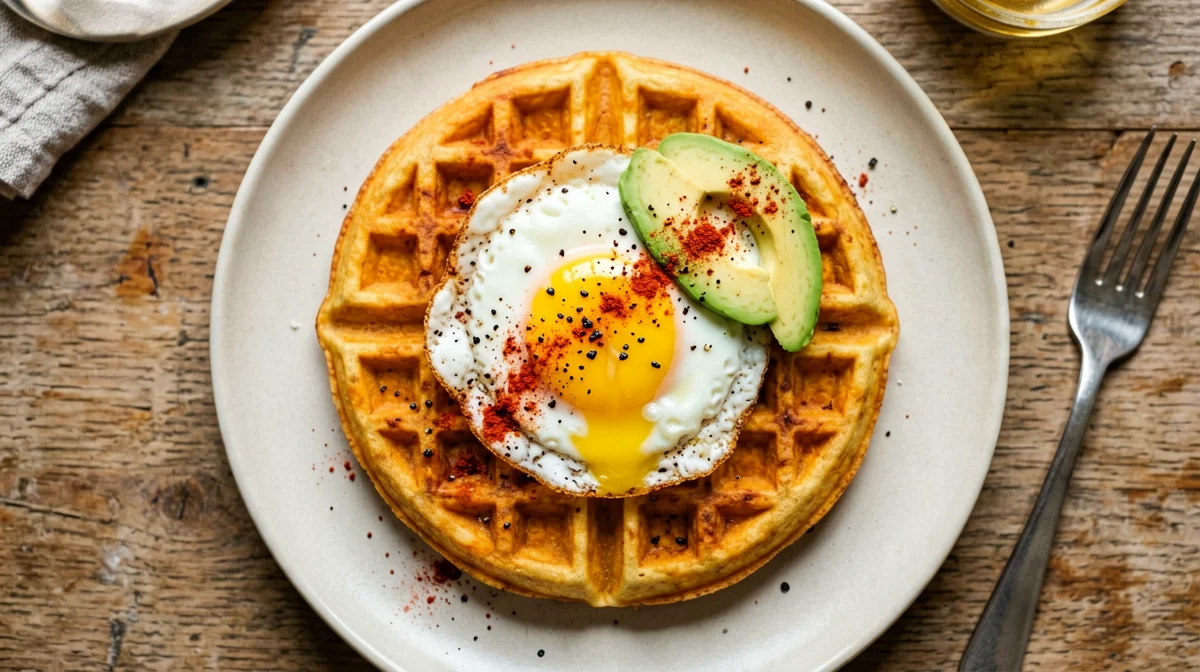 Savoury sweet potato waffle with egg and avocado