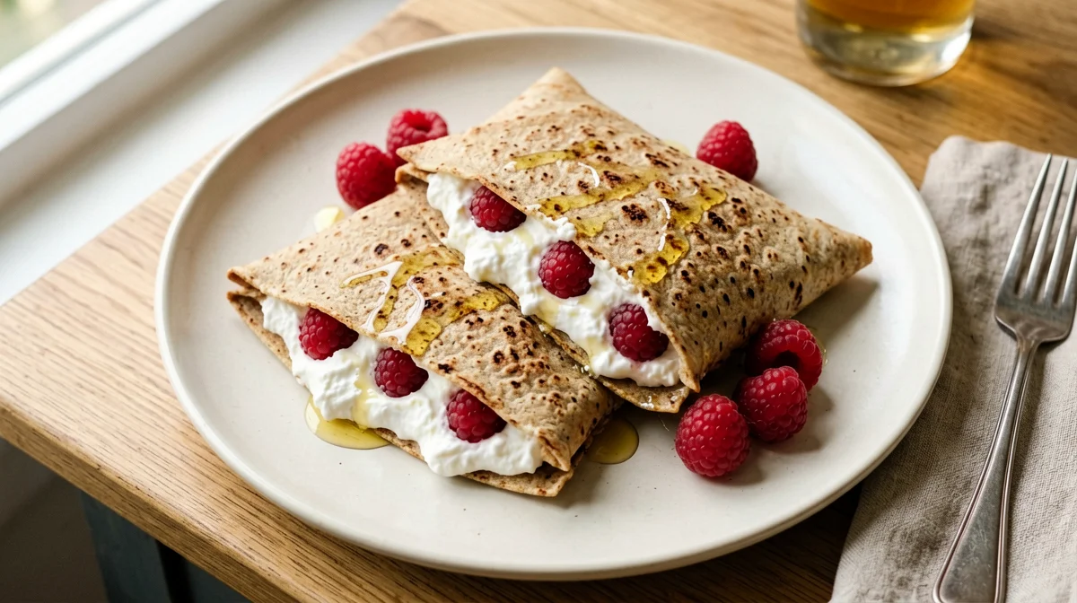 Crêpe integrali con ricotta e lamponi