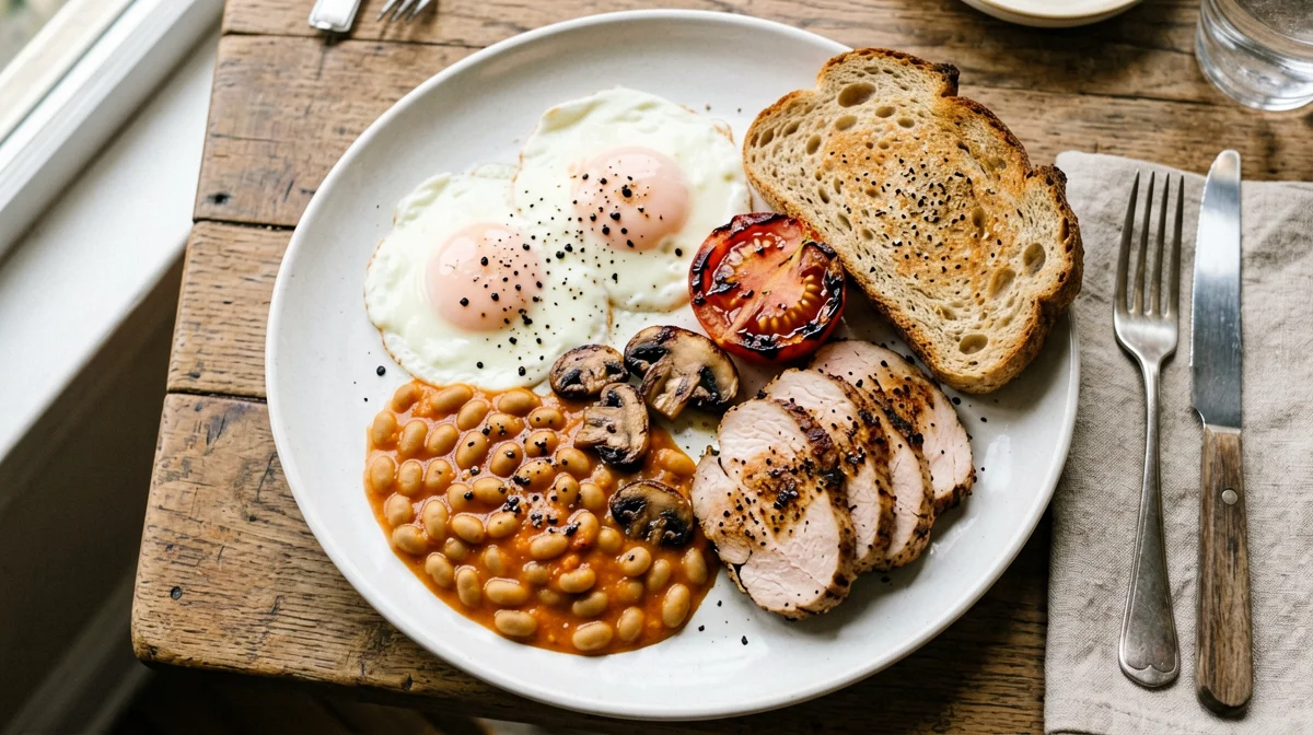 English breakfast leggero con uova, fagioli e funghi