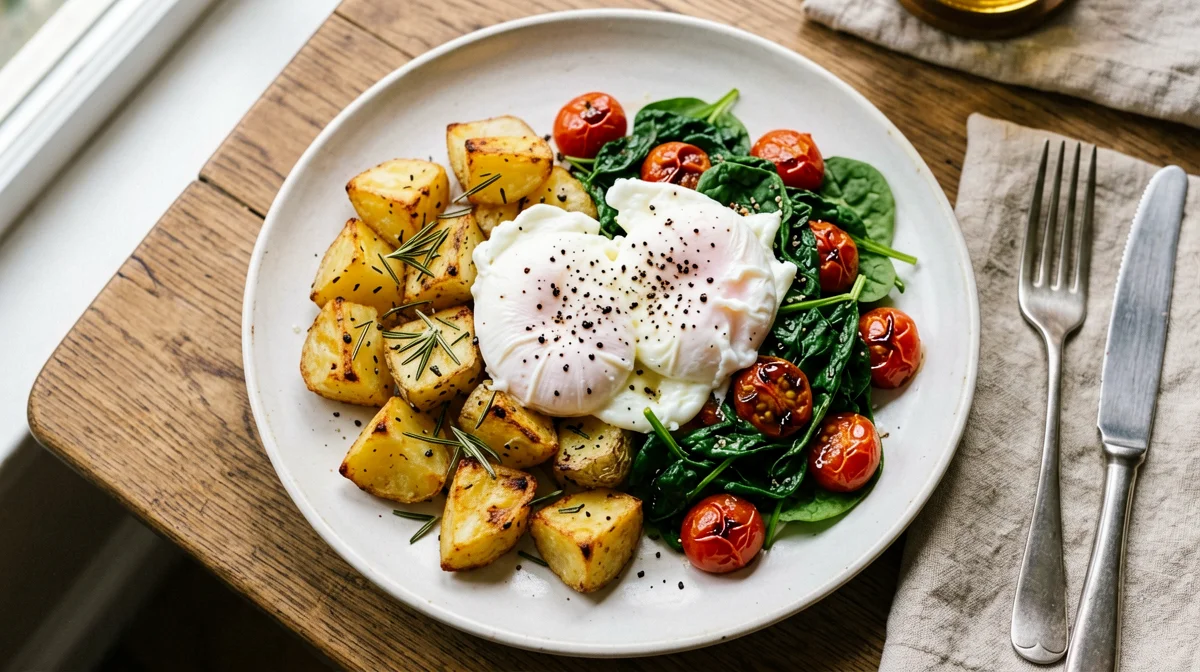 Irish breakfast light con uova in camicia e patate