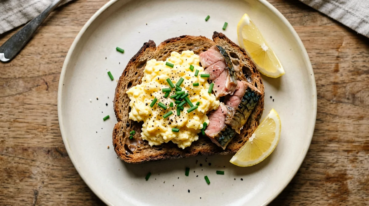Kippers-style mackerel with toast and scrambled eggs