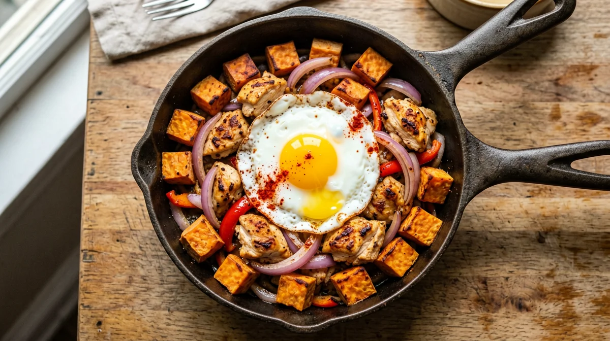 Sweet potato and turkey hash with egg