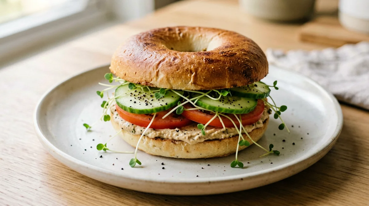 Bagel con hummus, pomodoro e germogli