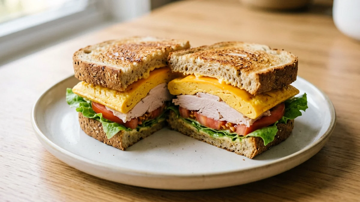 Breakfast sandwich all'americana con uovo, tacchino e cheddar