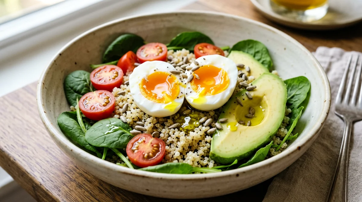 Breakfast salad californiana con uova, avocado e quinoa