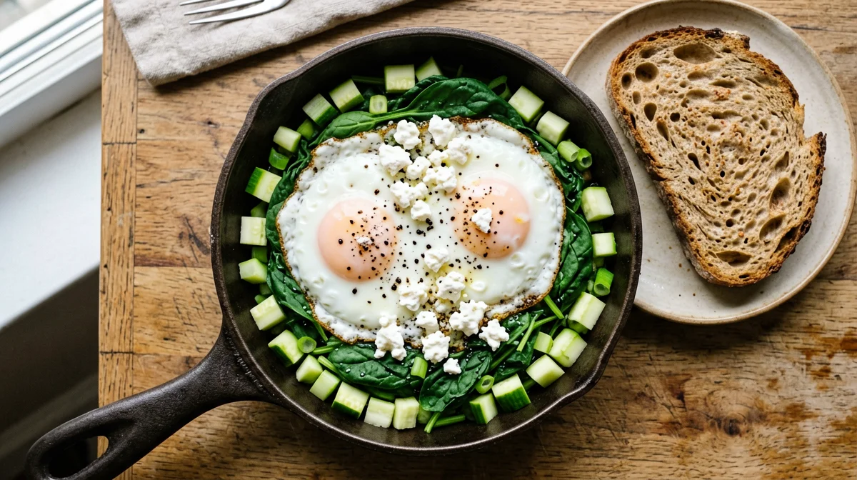Shakshuka verde con spinaci, zucchine e feta