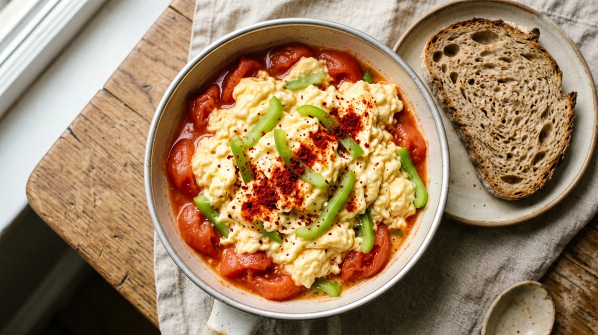 Menemen turco con peperoni verdi e pomodoro