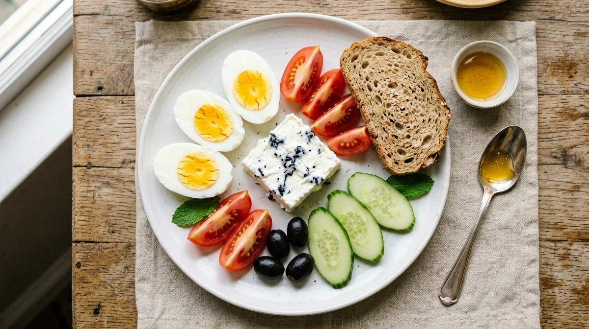 Kahvaltı turca leggera con uova sode, feta e verdure