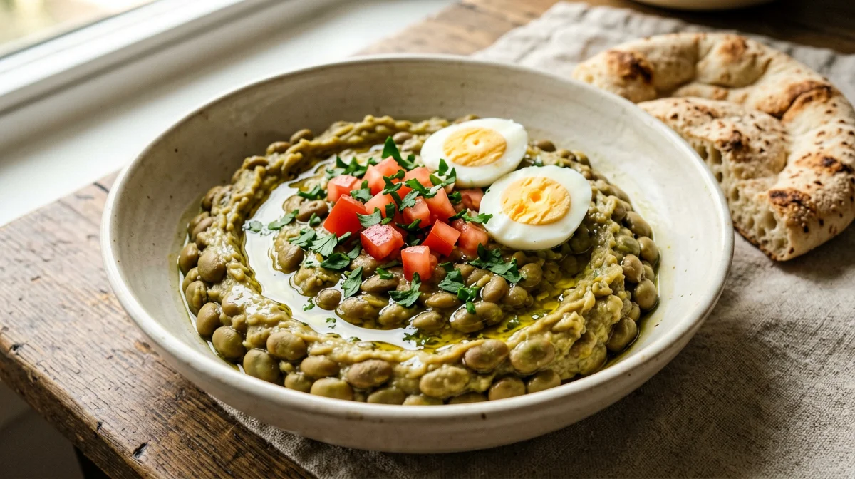 Egyptian ful medames with boiled egg and pitta