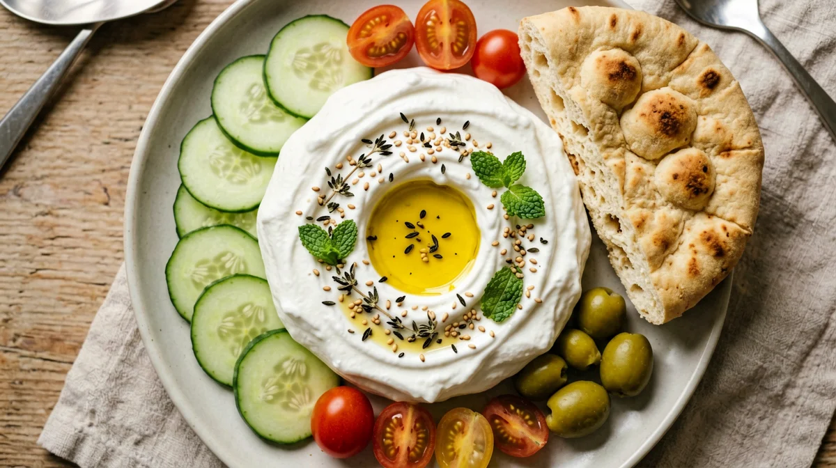 Savoury labneh-style yogurt with oil, thyme and raw vegetables