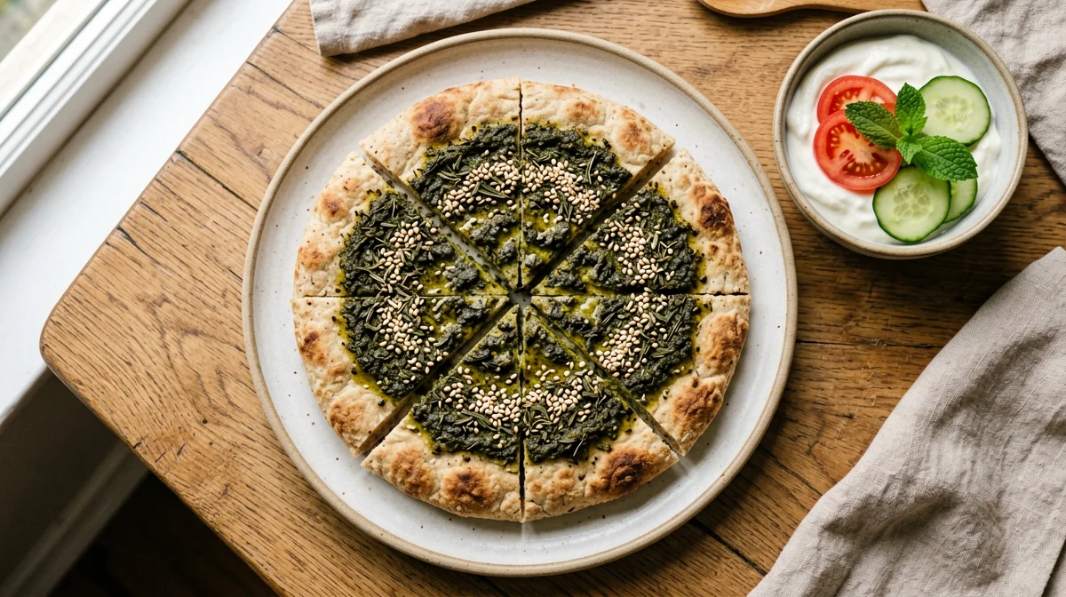 Quick thyme and sesame manakish with tomato and yogurt