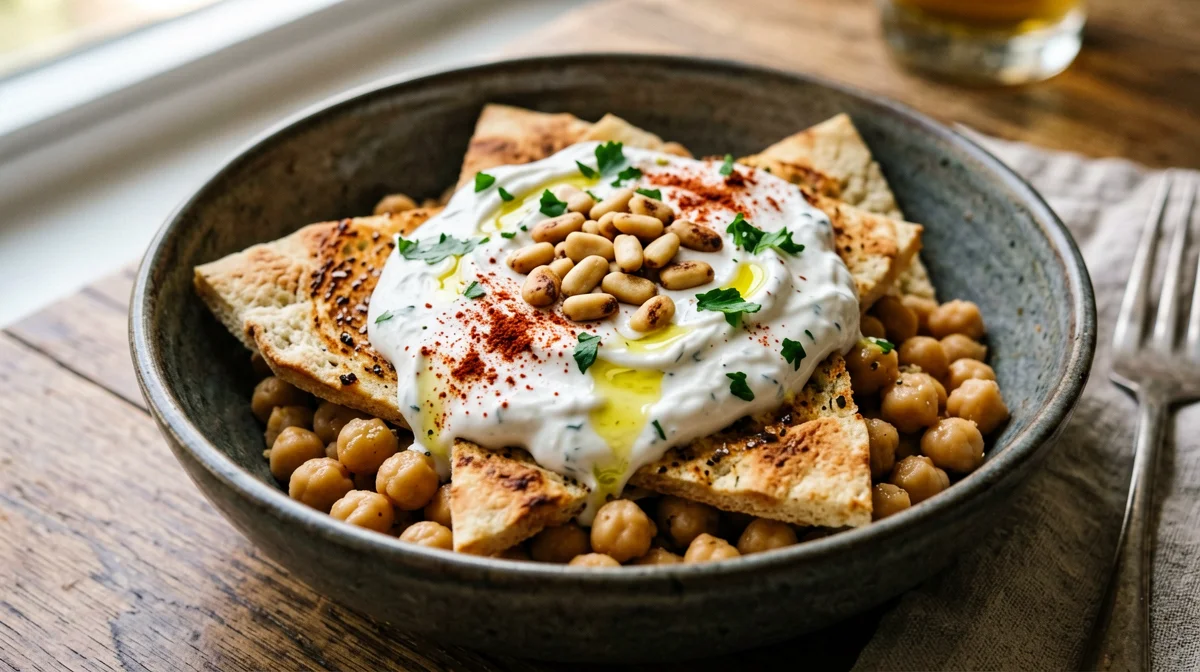 Chickpea fatteh with yogurt and crispy pitta